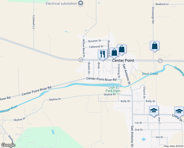 map of restaurants, bars, coffee shops, grocery stores, and more near 121 Bowlin Drive in Center Point