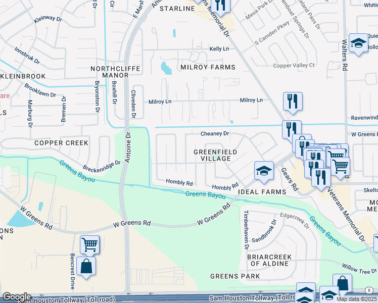 map of restaurants, bars, coffee shops, grocery stores, and more near 11438 Gracechurch Drive in Houston
