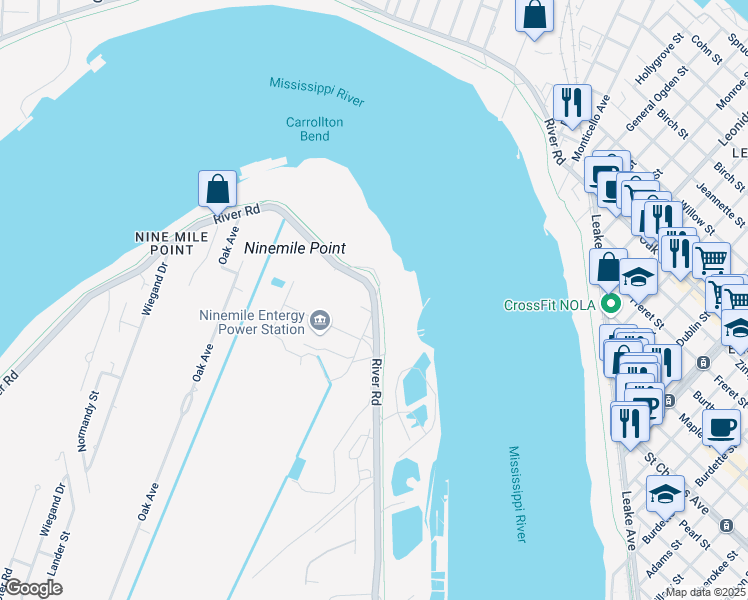 map of restaurants, bars, coffee shops, grocery stores, and more near 1789 River Road in Bridge City