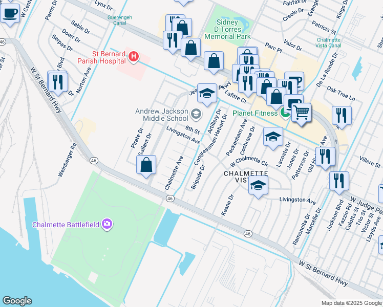 map of restaurants, bars, coffee shops, grocery stores, and more near 8404 Livingston Avenue in Chalmette