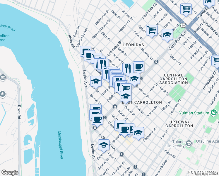 map of restaurants, bars, coffee shops, grocery stores, and more near 1113 Dante Street in New Orleans