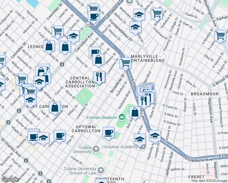 map of restaurants, bars, coffee shops, grocery stores, and more near 2005 Pine Street in New Orleans
