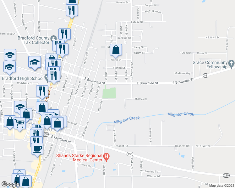 map of restaurants, bars, coffee shops, grocery stores, and more near 866 East Brownlee Street in Starke