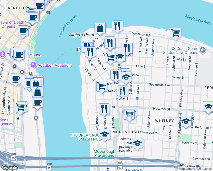 map of restaurants, bars, coffee shops, grocery stores, and more near 334 Opelousas Avenue in New Orleans