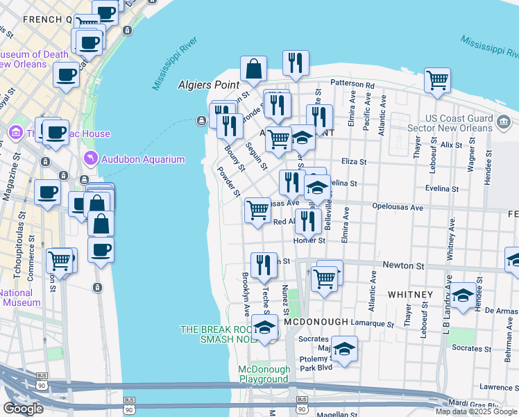 map of restaurants, bars, coffee shops, grocery stores, and more near 334 Opelousas Avenue in New Orleans