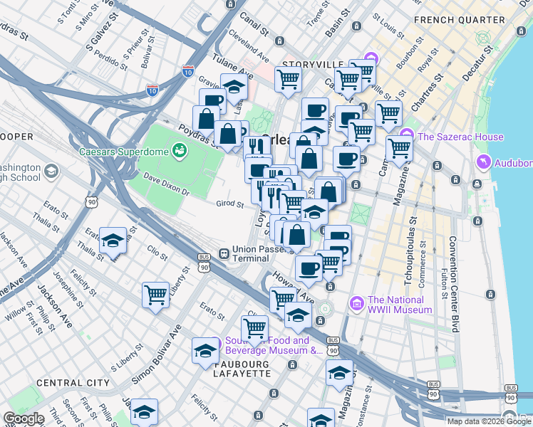 map of restaurants, bars, coffee shops, grocery stores, and more near 639 Loyola Avenue in New Orleans