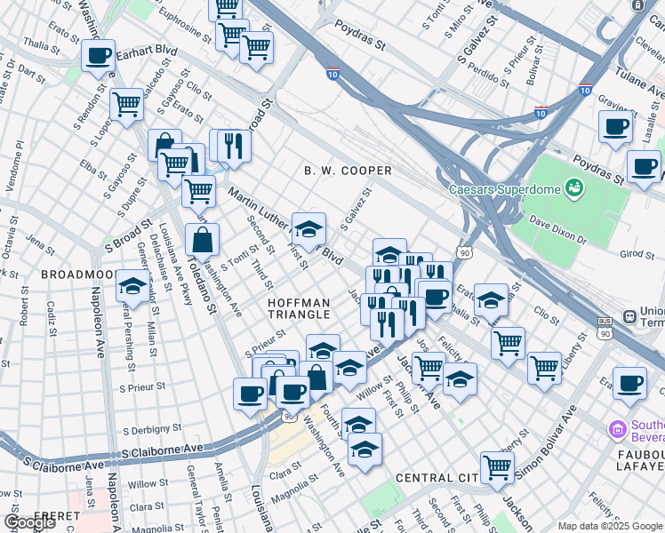 map of restaurants, bars, coffee shops, grocery stores, and more near in New Orleans
