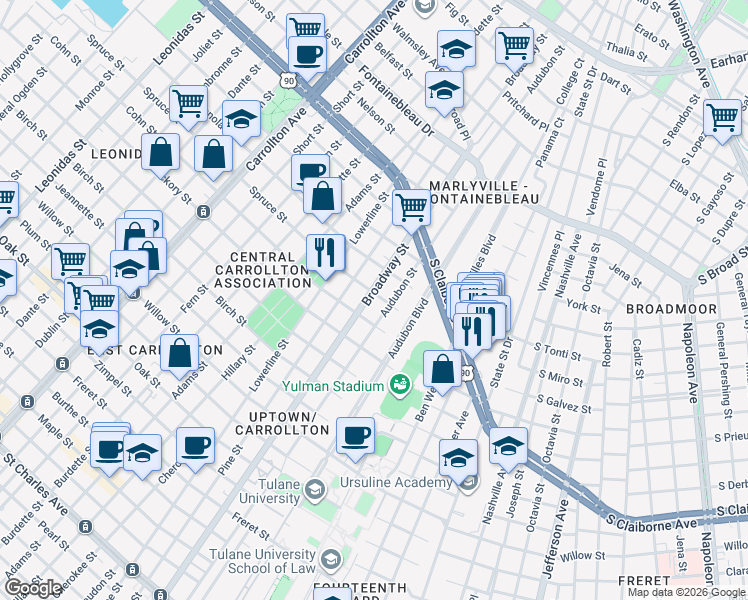 map of restaurants, bars, coffee shops, grocery stores, and more near 2005 Pine Street in New Orleans