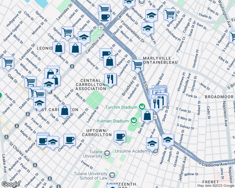 map of restaurants, bars, coffee shops, grocery stores, and more near 2005 Pine Street in New Orleans