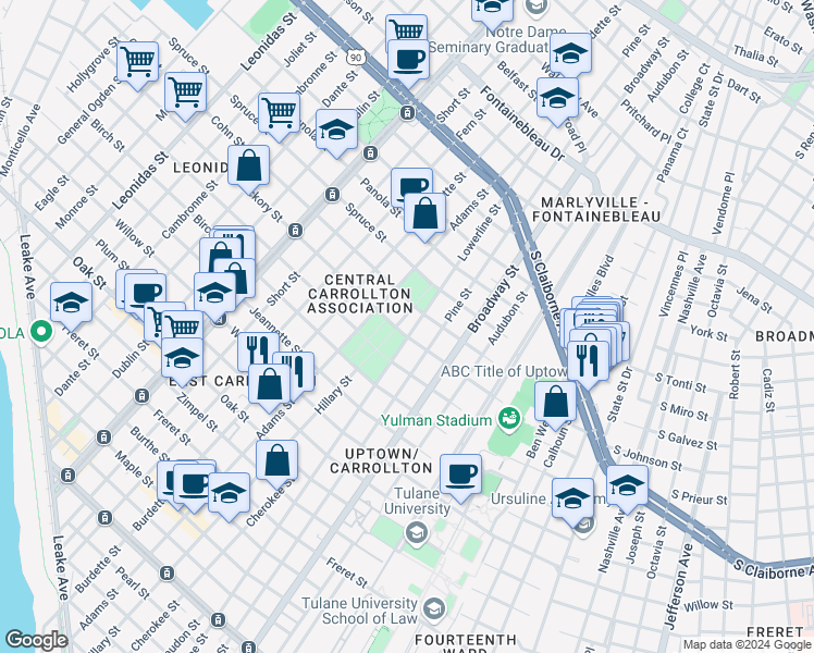 map of restaurants, bars, coffee shops, grocery stores, and more near 1900 Lowerline Street in New Orleans