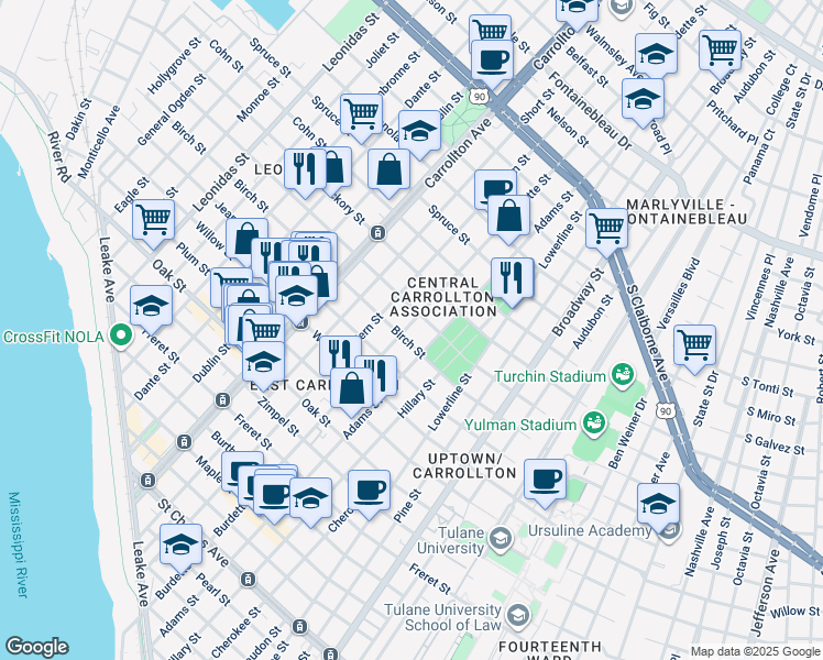 map of restaurants, bars, coffee shops, grocery stores, and more near 1619 Fern Street in New Orleans