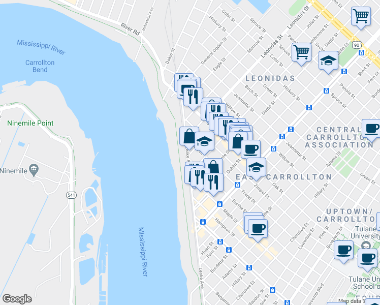 map of restaurants, bars, coffee shops, grocery stores, and more near 8515 Freret Street in New Orleans