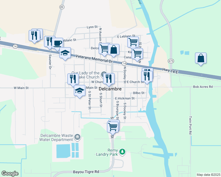 map of restaurants, bars, coffee shops, grocery stores, and more near Delcambre Street in Delcambre