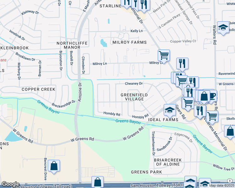 map of restaurants, bars, coffee shops, grocery stores, and more near 11438 Gracechurch Drive in Houston