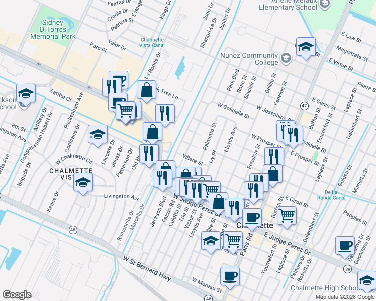 map of restaurants, bars, coffee shops, grocery stores, and more near 707 North Robertson Street in Chalmette