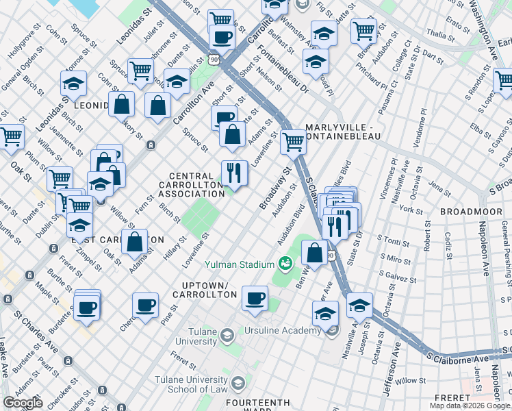 map of restaurants, bars, coffee shops, grocery stores, and more near 2005 Pine Street in New Orleans