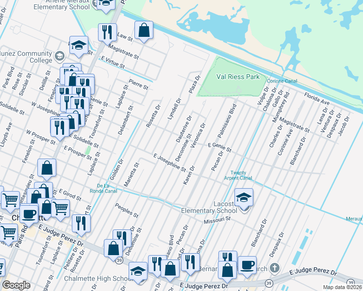 map of restaurants, bars, coffee shops, grocery stores, and more near 904 East Genie Street in Chalmette