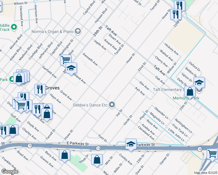 map of restaurants, bars, coffee shops, grocery stores, and more near 6609 Howe Street in Groves