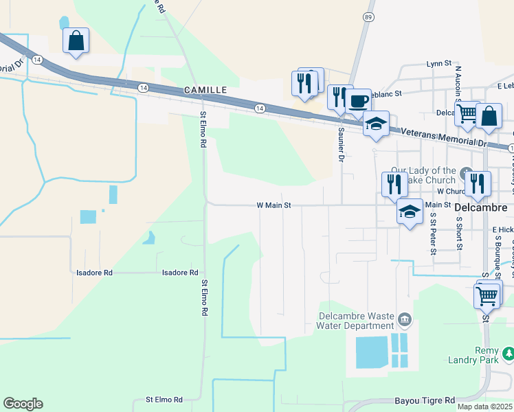 map of restaurants, bars, coffee shops, grocery stores, and more near 1410 West Main Street in Delcambre