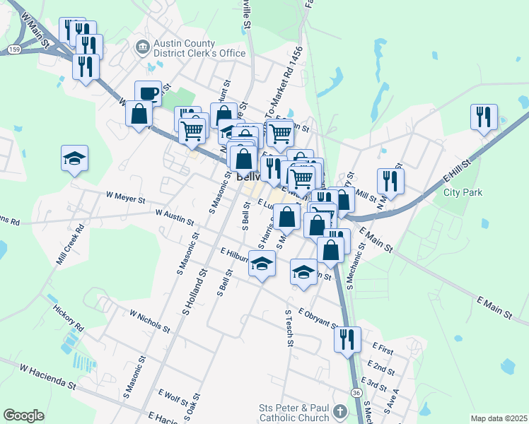 map of restaurants, bars, coffee shops, grocery stores, and more near 201 East Luhn Street in Bellville