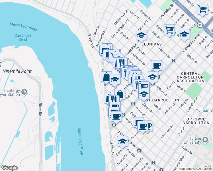 map of restaurants, bars, coffee shops, grocery stores, and more near 8515 Freret Street in New Orleans