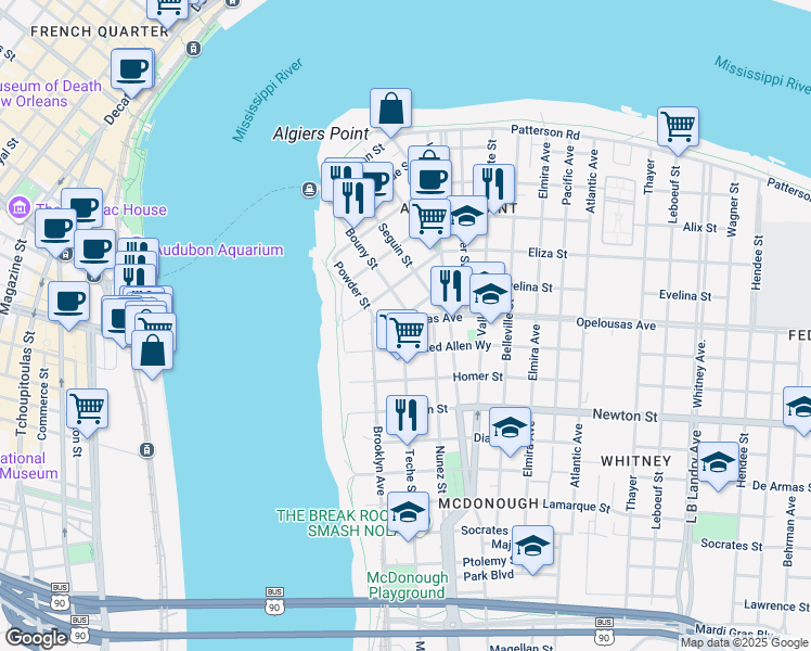map of restaurants, bars, coffee shops, grocery stores, and more near 334 Opelousas Avenue in New Orleans