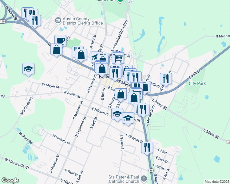 map of restaurants, bars, coffee shops, grocery stores, and more near 128 East Luhn Street in Bellville