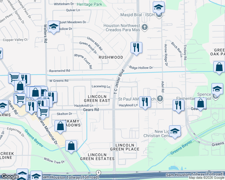 map of restaurants, bars, coffee shops, grocery stores, and more near 11367 Old Telegraph Road in Houston