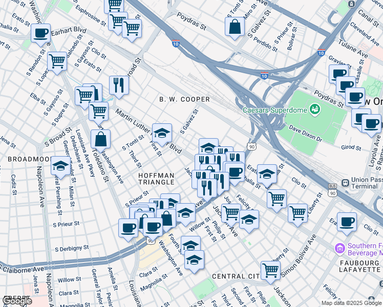 map of restaurants, bars, coffee shops, grocery stores, and more near 3320 Thalia Street in New Orleans