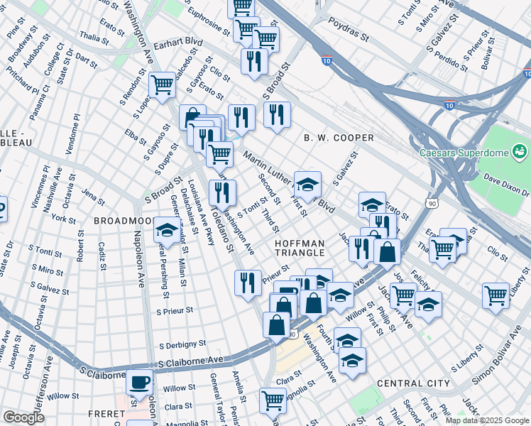 map of restaurants, bars, coffee shops, grocery stores, and more near 3622 Second Street in New Orleans