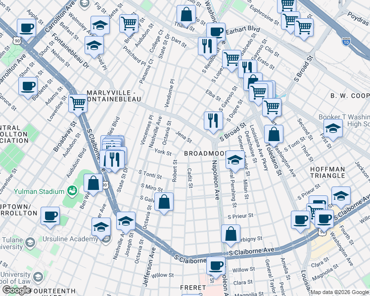map of restaurants, bars, coffee shops, grocery stores, and more near 2132 South Salcedo Street in New Orleans