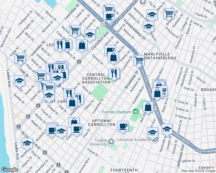 map of restaurants, bars, coffee shops, grocery stores, and more near in New Orleans