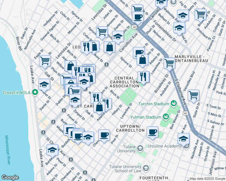 map of restaurants, bars, coffee shops, grocery stores, and more near 1619 Fern Street in New Orleans