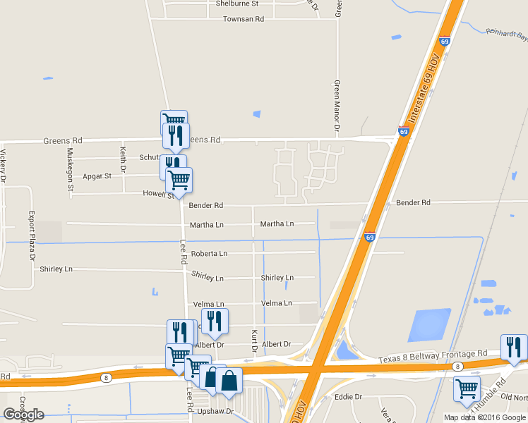 map of restaurants, bars, coffee shops, grocery stores, and more near 6009 Martha Lane in Humble