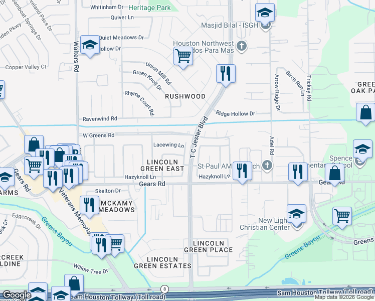 map of restaurants, bars, coffee shops, grocery stores, and more near 11367 Old Telegraph Road in Houston