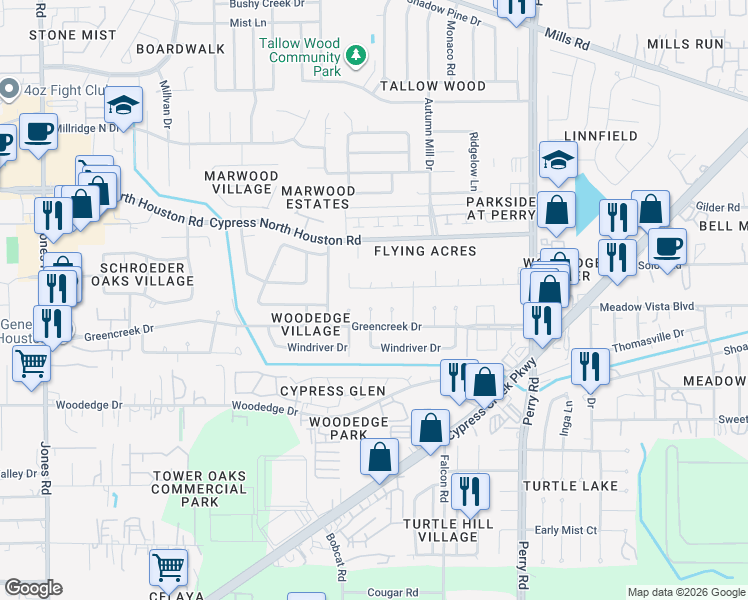 map of restaurants, bars, coffee shops, grocery stores, and more near 12003 Cedarcliff Court in Houston