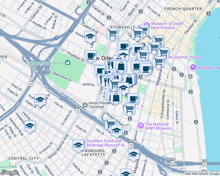 map of restaurants, bars, coffee shops, grocery stores, and more near 613 O'Keefe Avenue in New Orleans