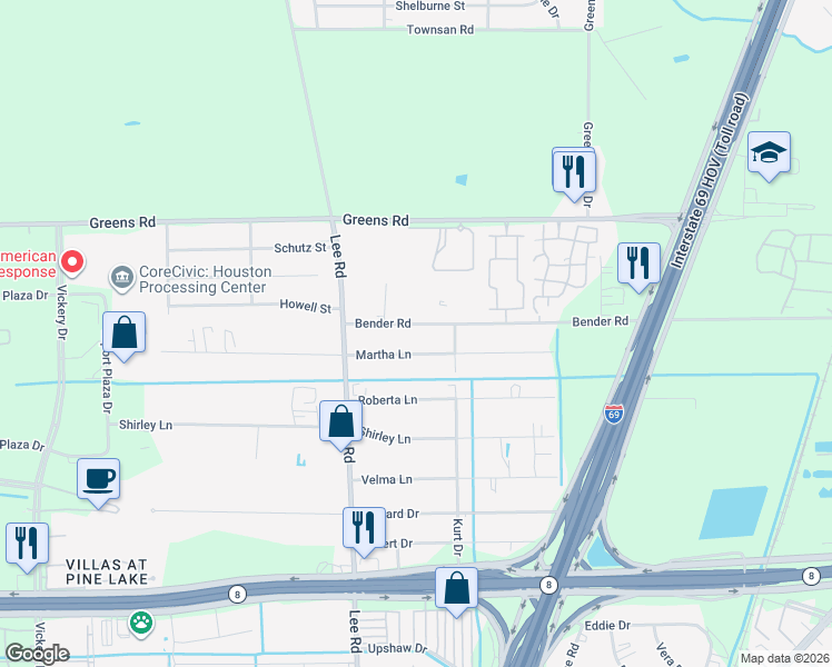 map of restaurants, bars, coffee shops, grocery stores, and more near 5919 Bender Road in Humble