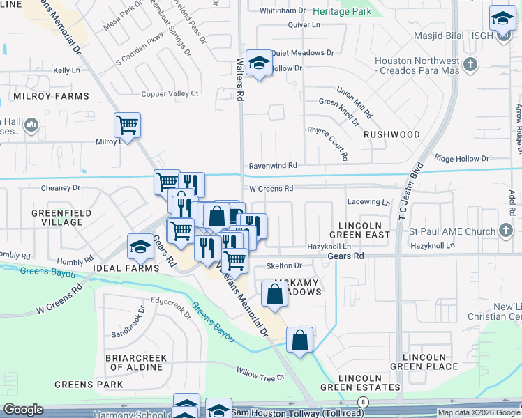 map of restaurants, bars, coffee shops, grocery stores, and more near 2814 Lacewing Lane in Houston
