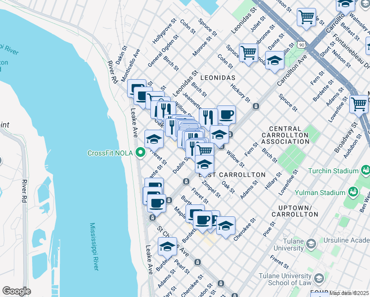 map of restaurants, bars, coffee shops, grocery stores, and more near in New Orleans