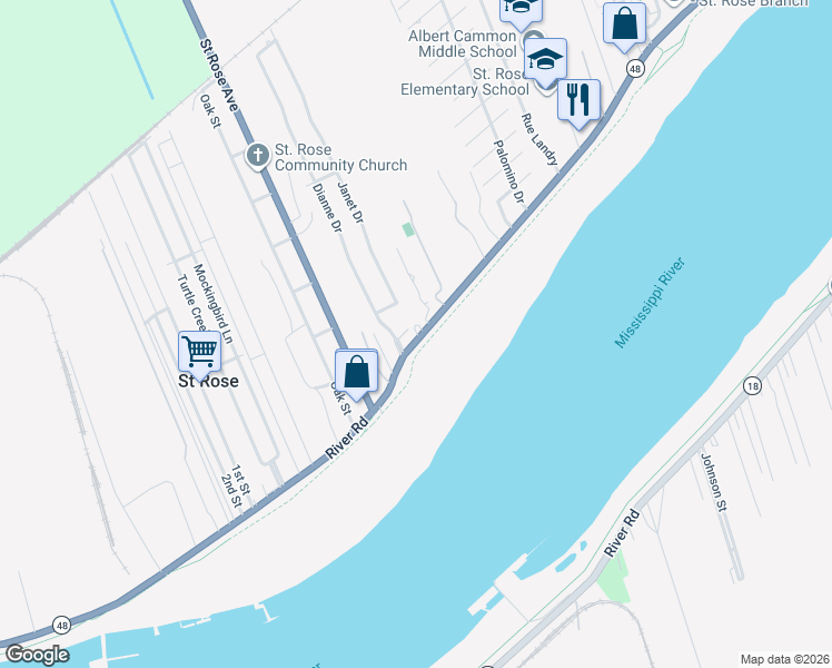 map of restaurants, bars, coffee shops, grocery stores, and more near 11360 River Road in Saint Rose