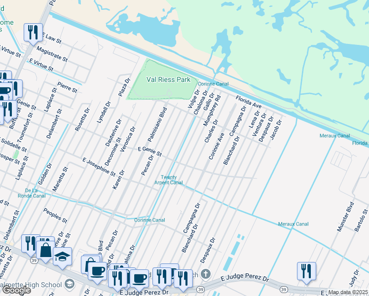 map of restaurants, bars, coffee shops, grocery stores, and more near 3701 Gallo Drive in Chalmette