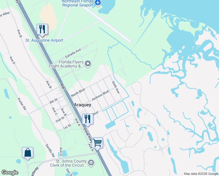 map of restaurants, bars, coffee shops, grocery stores, and more near 4619 Sixth Avenue in St. Augustine