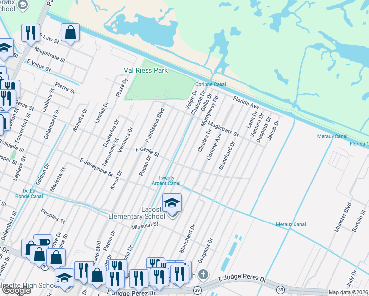 map of restaurants, bars, coffee shops, grocery stores, and more near 3701 Gallo Drive in Chalmette