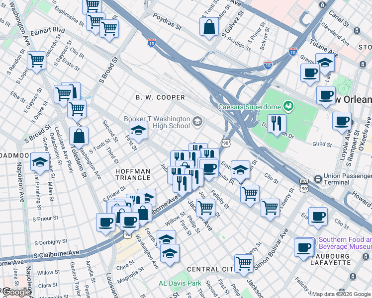 map of restaurants, bars, coffee shops, grocery stores, and more near 3226 Erato Street in New Orleans
