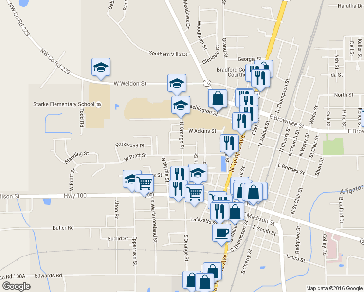 map of restaurants, bars, coffee shops, grocery stores, and more near 421 North Orange Street in Starke