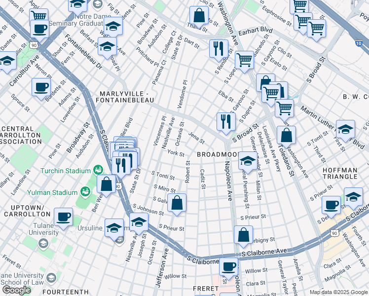 map of restaurants, bars, coffee shops, grocery stores, and more near 5401 Mc Kenna Street in New Orleans