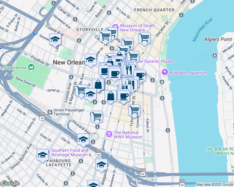 map of restaurants, bars, coffee shops, grocery stores, and more near 500 Poydras Street in New Orleans