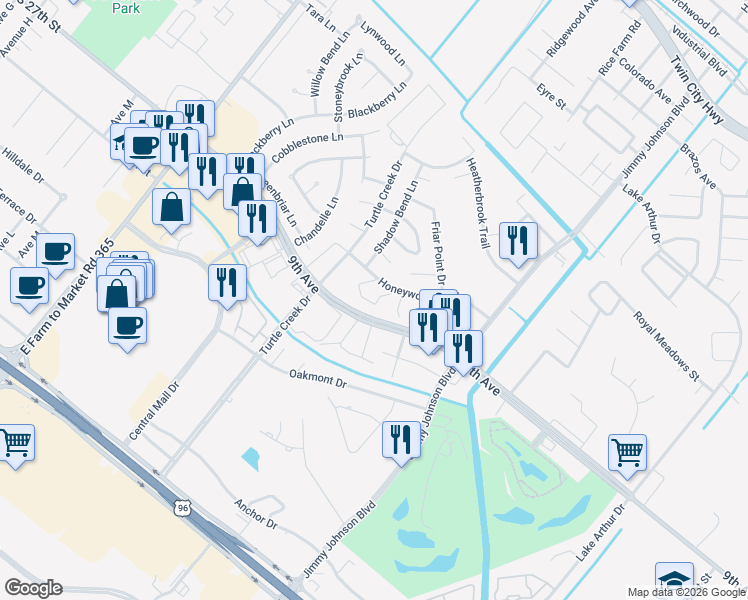 map of restaurants, bars, coffee shops, grocery stores, and more near 8101 Honeywood Trail in Port Arthur