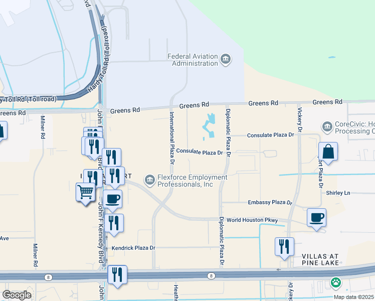 map of restaurants, bars, coffee shops, grocery stores, and more near H H Ranch Road in Houston
